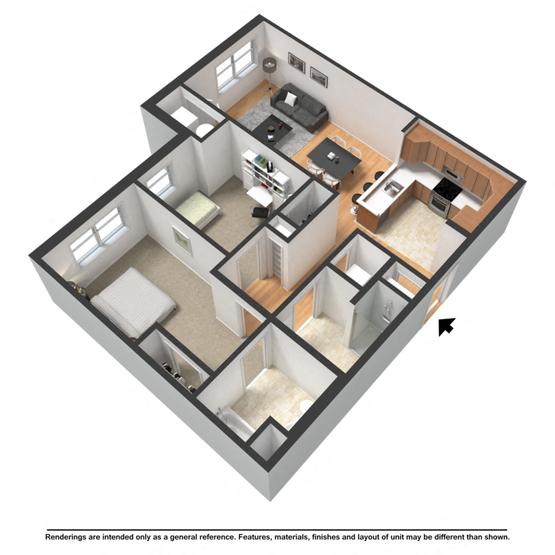 Floor plan for 2 beds, 2 baths, 1151 sqft